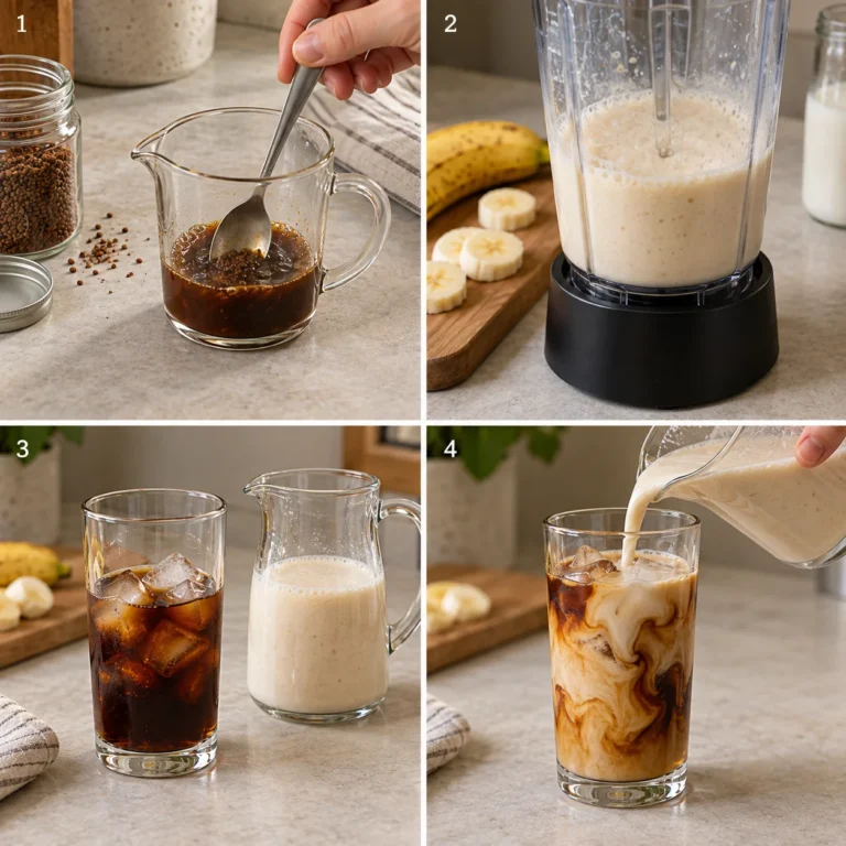 Generated four-panel process illustration for banana iced coffee with instant coffee