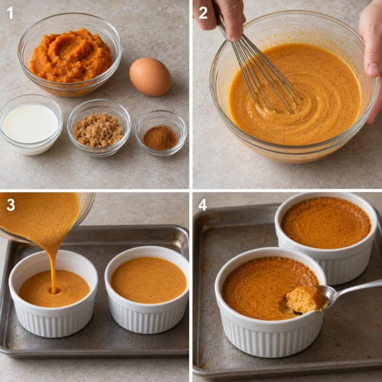Generated four-panel process illustration for crustless pumpkin pie for two in ramekins