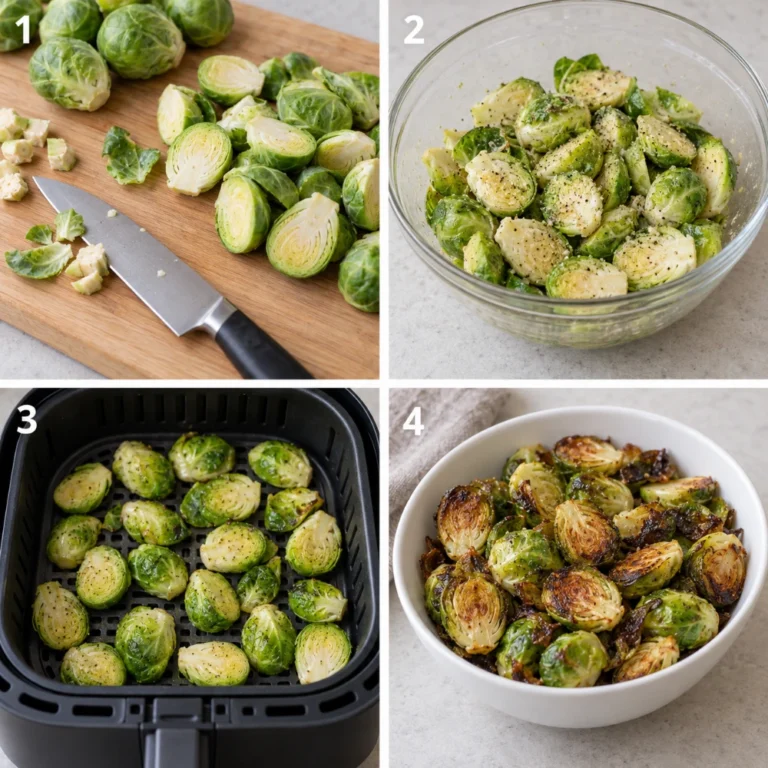 Generated four-panel process illustration for air fryer brussels sprouts for two without balsamic