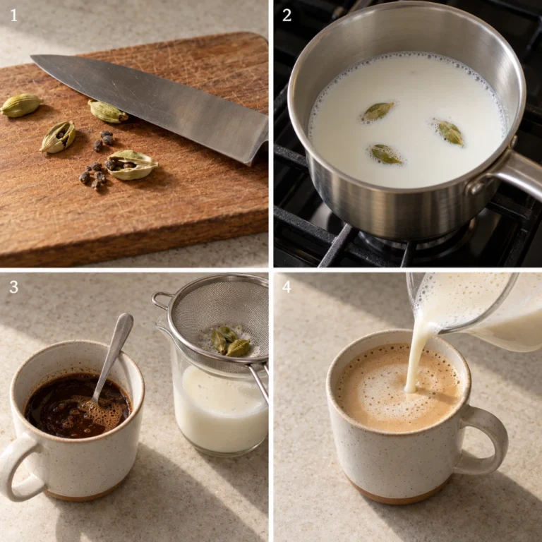 Generated four-panel process illustration for cardamom latte with instant coffee