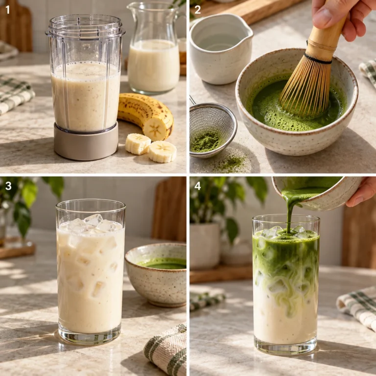 Generated four-panel process illustration for iced banana matcha latte with oat milk