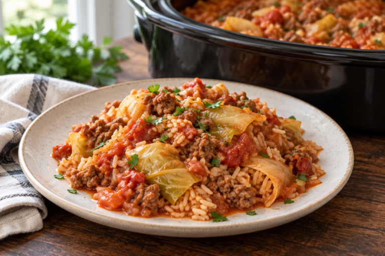 Generated illustration of cabbage roll casserole with ground beef, cooked rice and tomato sauce